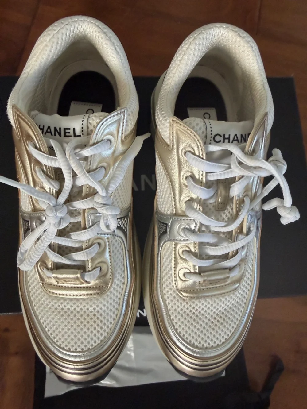 CHANEL Fabric Laminated Calfskin Stretch CC Sneakers size 37 in White,Gold,Silv